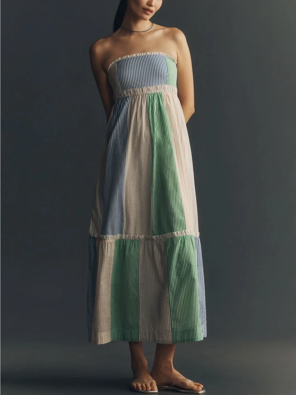 MAEVE COTTON STRAPLESS COLORBLOCK MIDI DRESS - Picture 1 of 4